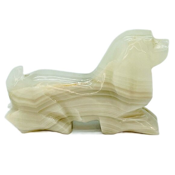 Hand Carved Onyx Corgi Dog Lucid Vintage Handmade Statue Stone Marbled Cream - Picture 4 of 9
